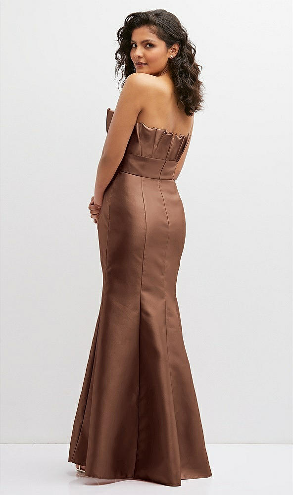 Back View - Cognac Strapless Satin Fit and Flare Dress with Crumb-Catcher Bodice
