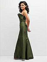 Side View Thumbnail - Olive Green Strapless Satin Fit and Flare Dress with Crumb-Catcher Bodice