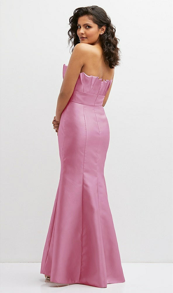 Back View - Powder Pink Strapless Satin Fit and Flare Dress with Crumb-Catcher Bodice