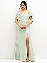 Front View Thumbnail - Mint Green Off-the-Shoulder Bow Satin Corset Dress with Fit and Flare Skirt