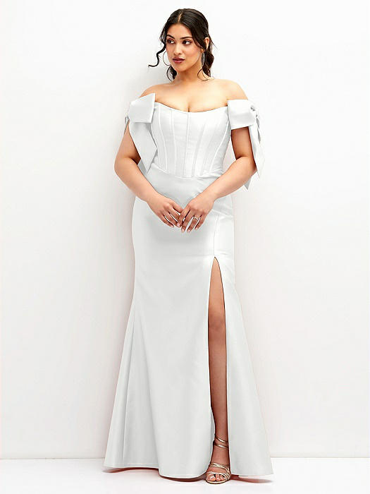 Off-the-Shoulder Bow Satin Corset Dress with Fit and Flare Skirt