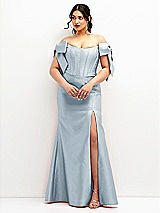 Front View Thumbnail - Mist Off-the-Shoulder Bow Satin Corset Dress with Fit and Flare Skirt