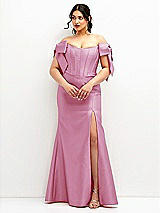 Front View Thumbnail - Powder Pink Off-the-Shoulder Bow Satin Corset Dress with Fit and Flare Skirt