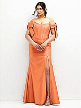 Front View Thumbnail - Portofino Orange Off-the-Shoulder Bow Satin Corset Dress with Fit and Flare Skirt