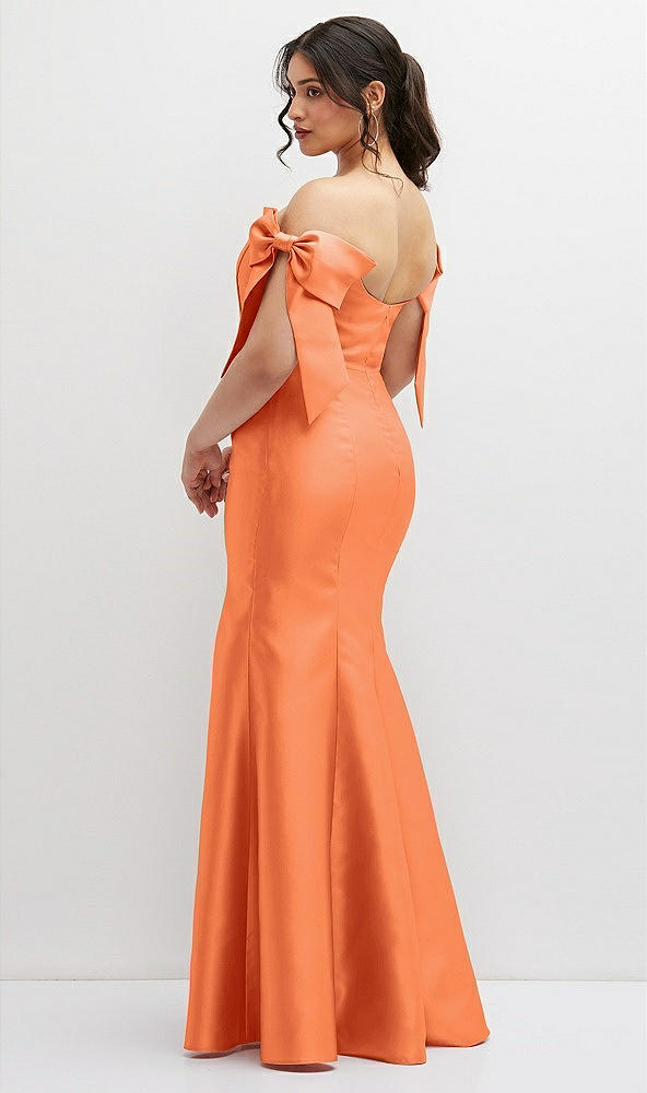 Back View - Portofino Orange Off-the-Shoulder Bow Satin Corset Dress with Fit and Flare Skirt