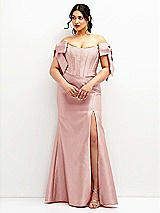 Front View Thumbnail - Rose Off-the-Shoulder Bow Satin Corset Dress with Fit and Flare Skirt