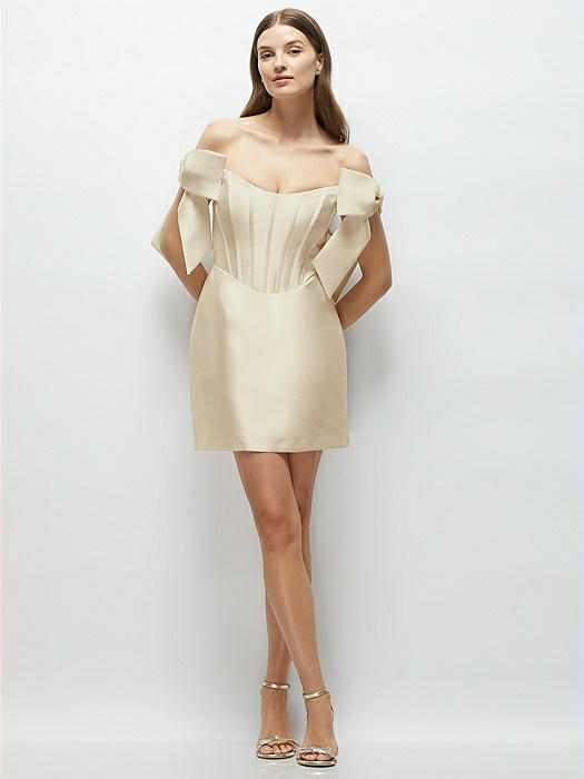 Satin Off-the-Shoulder Bow Corset Fit and Flare Mini Dress