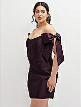 Alt View 1 Thumbnail - Deep Plum Satin Off-the-Shoulder Bow Corset Fit and Flare Mini Dress