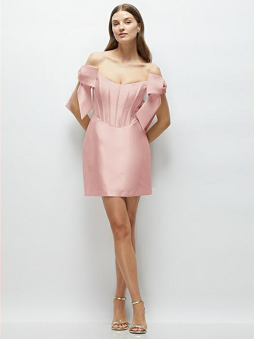 Satin Off-the-Shoulder Bow Corset Fit and Flare Mini Dress