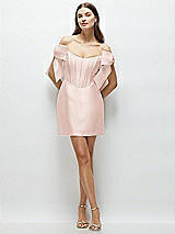 Front View Thumbnail - Blush Satin Off-the-Shoulder Bow Corset Fit and Flare Mini Dress
