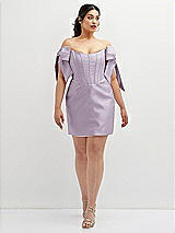 Alt View 2 Thumbnail - Lilac Haze Satin Off-the-Shoulder Bow Corset Fit and Flare Mini Dress