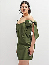 Alt View 1 Thumbnail - Olive Green Satin Off-the-Shoulder Bow Corset Fit and Flare Mini Dress