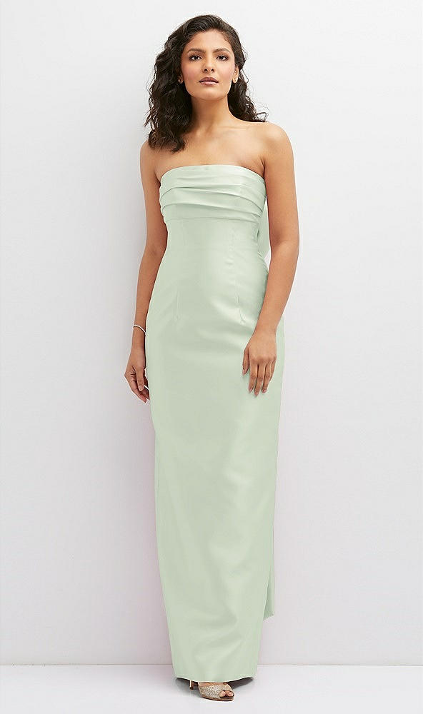 Front View - Mint Green Strapless Draped Bodice Column Dress with Oversized Bow