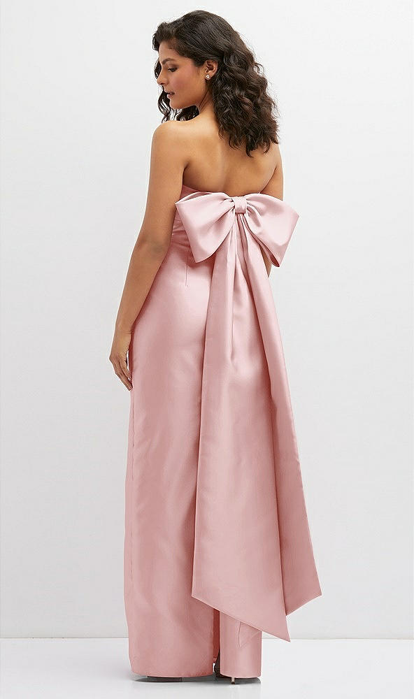 Back View - Ballet Pink Strapless Draped Bodice Column Dress with Oversized Bow