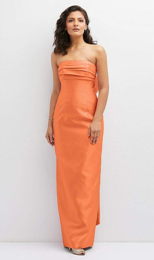 Front View - Portofino Orange Strapless Draped Bodice Column Dress with Oversized Bow