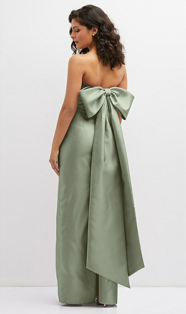 Back View - Sage Strapless Draped Bodice Column Dress with Oversized Bow