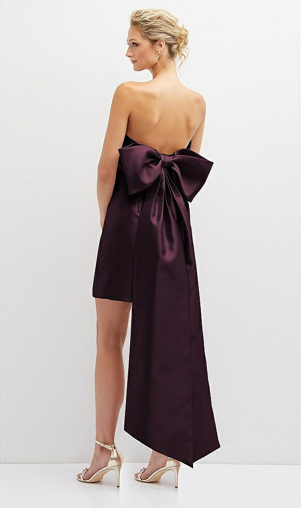 Back View - Deep Plum Strapless Satin Column Mini Dress with Oversized Bow