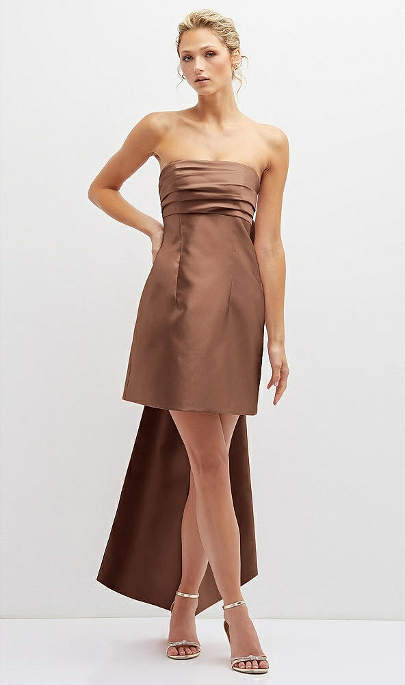 Front View - Cognac Strapless Satin Column Mini Dress with Oversized Bow