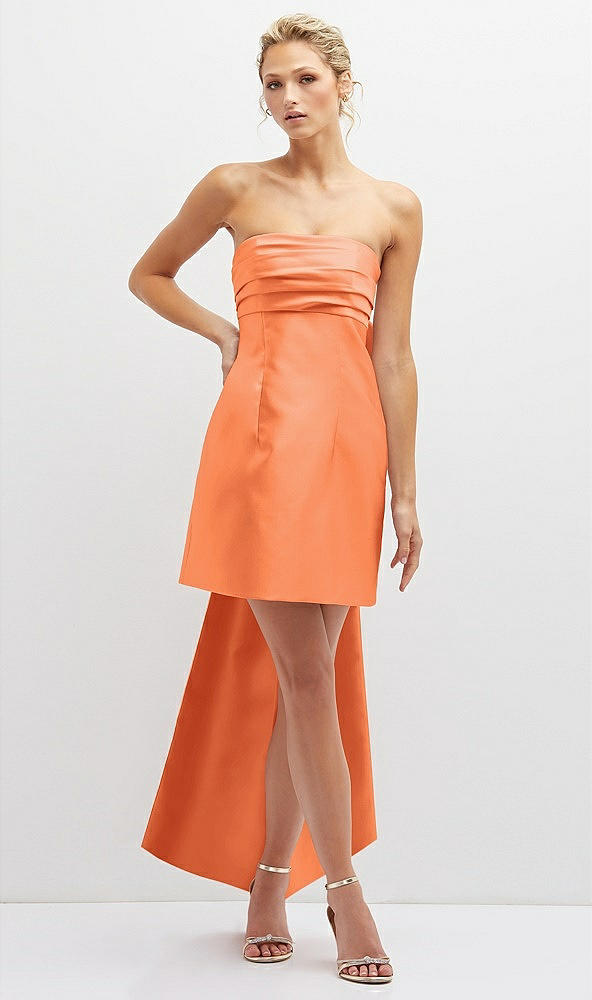 Front View - Portofino Orange Strapless Satin Column Mini Dress with Oversized Bow