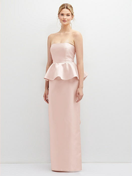 Strapless Satin Maxi Dress with Cascade Ruffle Peplum Detail