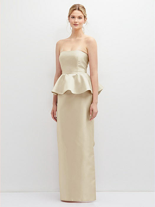 Strapless Satin Maxi Dress with Cascade Ruffle Peplum Detail