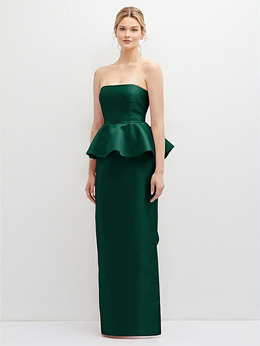 Strapless Satin Maxi Dress with Cascade Ruffle Peplum Detail