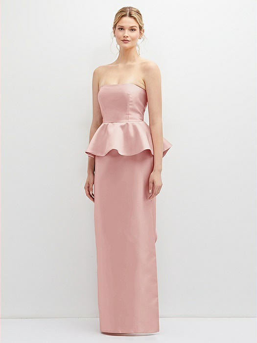 Strapless Satin Maxi Dress with Cascade Ruffle Peplum Detail