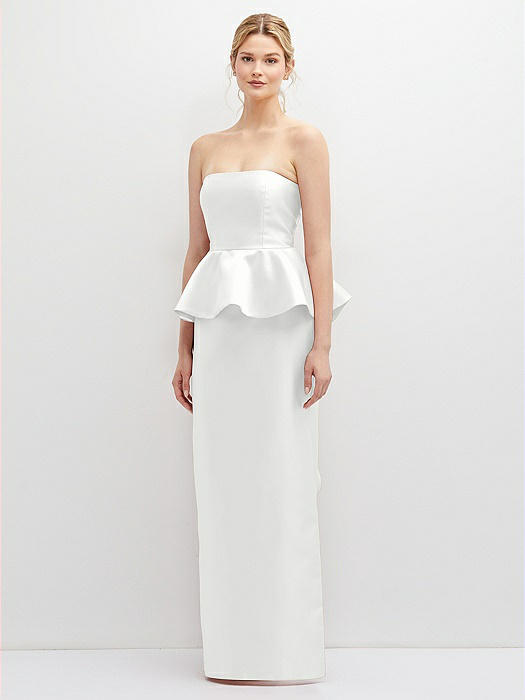 Strapless Satin Maxi Dress with Cascade Ruffle Peplum Detail