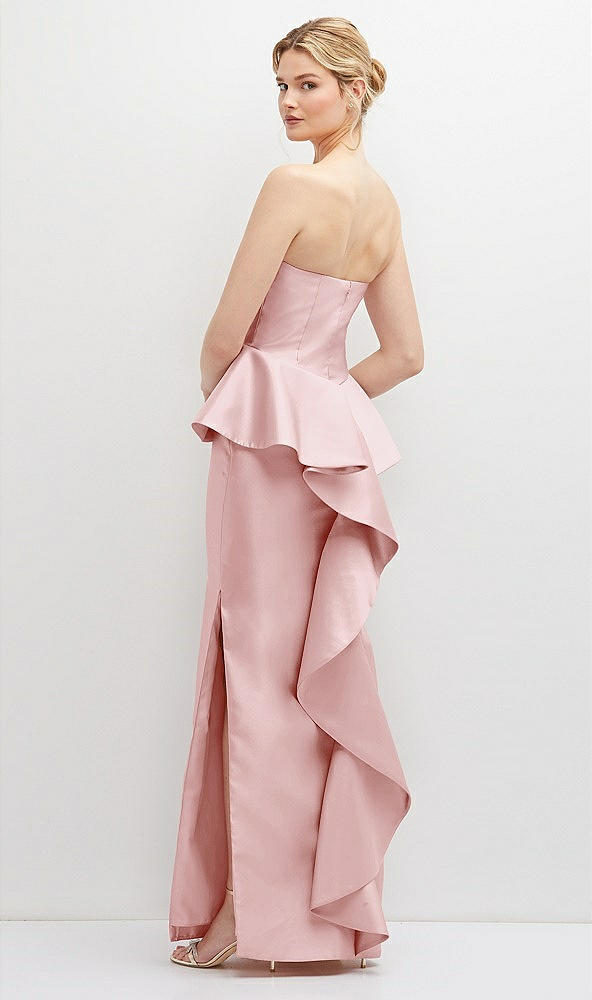 Back View - Ballet Pink Strapless Satin Maxi Dress with Cascade Ruffle Peplum Detail
