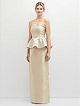Front View Thumbnail - Champagne Strapless Satin Maxi Dress with Cascade Ruffle Peplum Detail