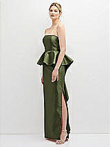Side View Thumbnail - Olive Green Strapless Satin Maxi Dress with Cascade Ruffle Peplum Detail