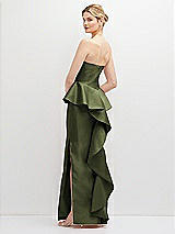 Rear View Thumbnail - Olive Green Strapless Satin Maxi Dress with Cascade Ruffle Peplum Detail