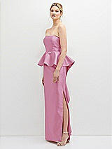 Side View Thumbnail - Powder Pink Strapless Satin Maxi Dress with Cascade Ruffle Peplum Detail