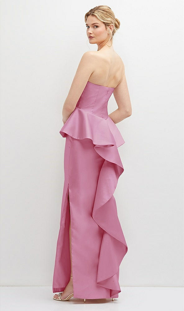 Back View - Powder Pink Strapless Satin Maxi Dress with Cascade Ruffle Peplum Detail