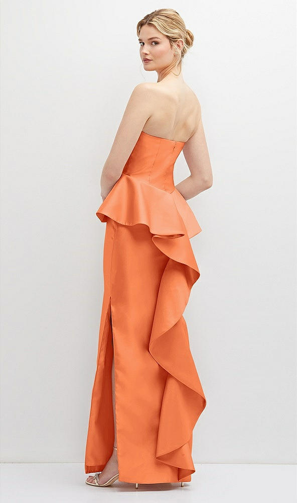 Back View - Portofino Orange Strapless Satin Maxi Dress with Cascade Ruffle Peplum Detail