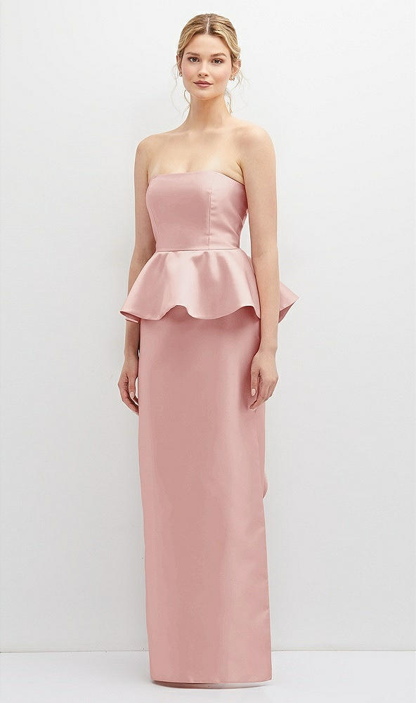 Front View - Rose Strapless Satin Maxi Dress with Cascade Ruffle Peplum Detail