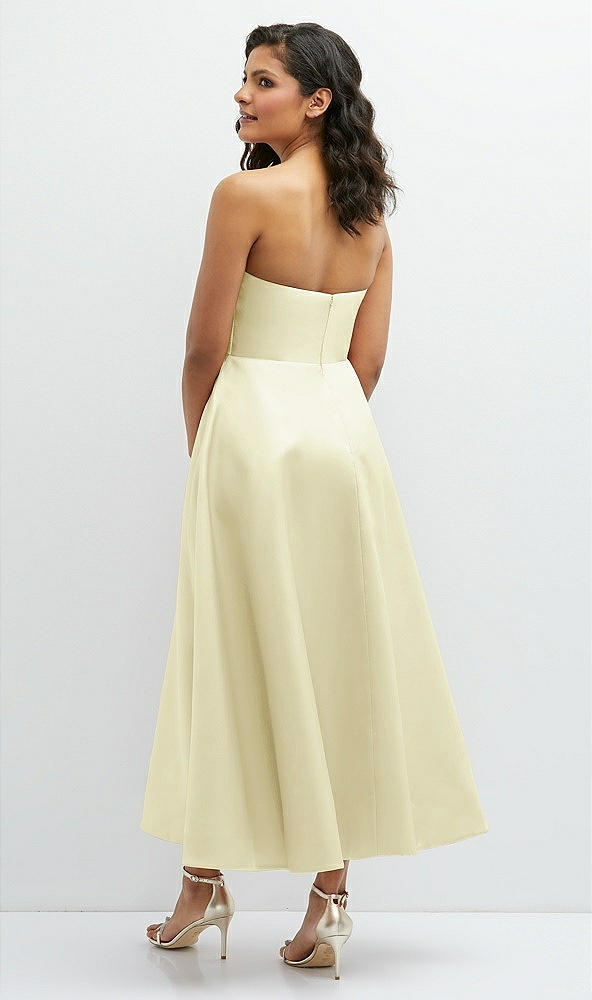 Back View - Butter Yellow Draped Bodice Strapless Satin Midi Dress with Full Circle Skirt