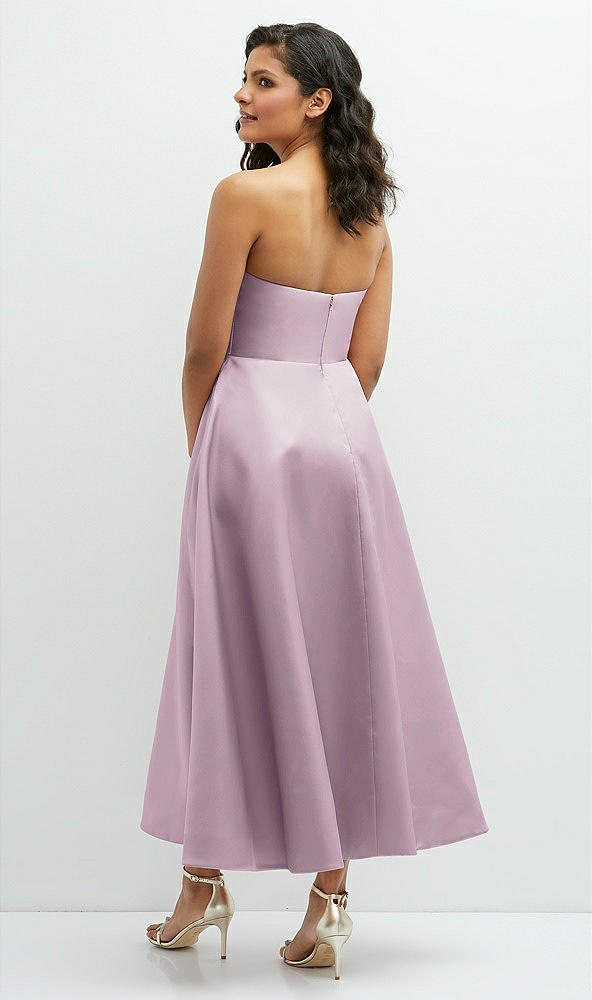 Back View - Suede Rose Draped Bodice Strapless Satin Midi Dress with Full Circle Skirt