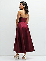 Rear View Thumbnail - Cabernet Draped Bodice Strapless Satin Midi Dress with Full Circle Skirt
