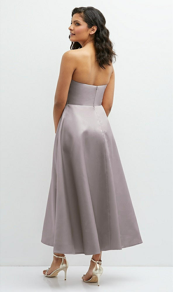 Back View - Cashmere Gray Draped Bodice Strapless Satin Midi Dress with Full Circle Skirt