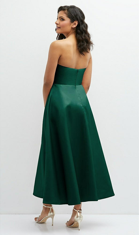Back View - Hunter Green Draped Bodice Strapless Satin Midi Dress with Full Circle Skirt