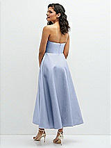 Rear View Thumbnail - Sky Blue Draped Bodice Strapless Satin Midi Dress with Full Circle Skirt