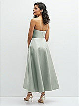 Rear View Thumbnail - Willow Green Draped Bodice Strapless Satin Midi Dress with Full Circle Skirt