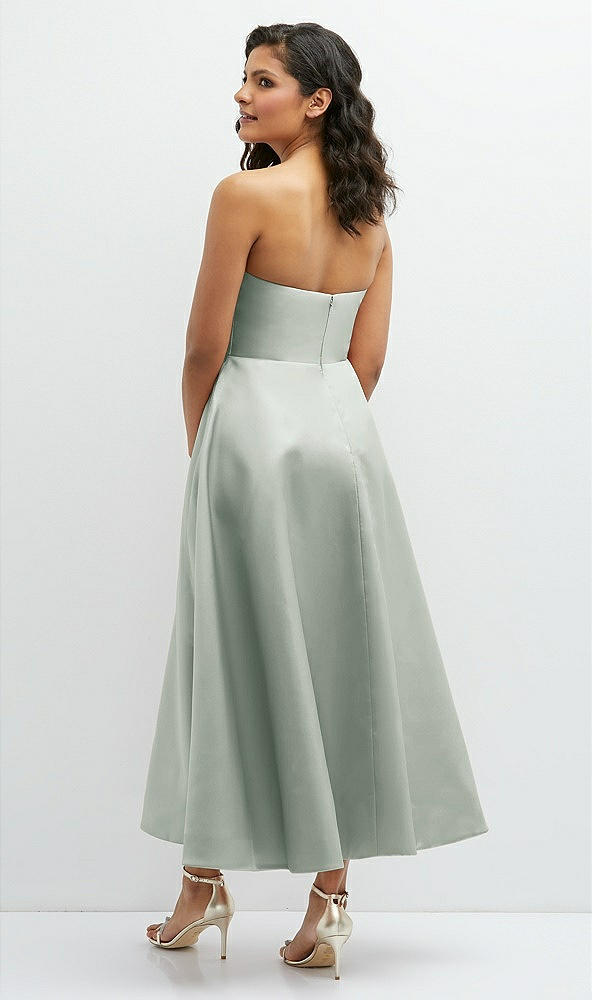 Back View - Willow Green Draped Bodice Strapless Satin Midi Dress with Full Circle Skirt