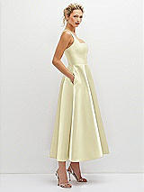 Side View Thumbnail - Butter Yellow Square Neck Satin Midi Dress with Full Skirt & Pockets
