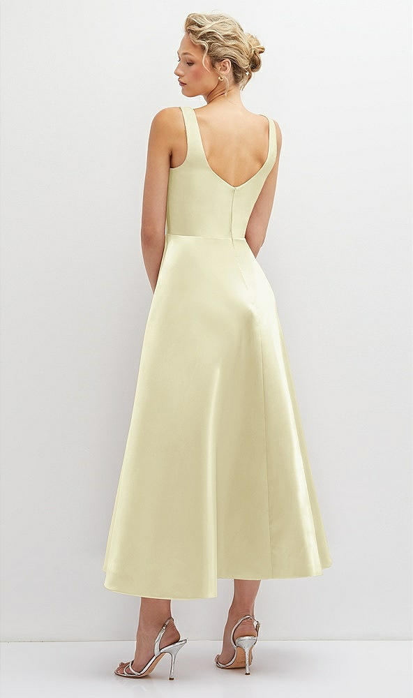Back View - Butter Yellow Square Neck Satin Midi Dress with Full Skirt & Pockets