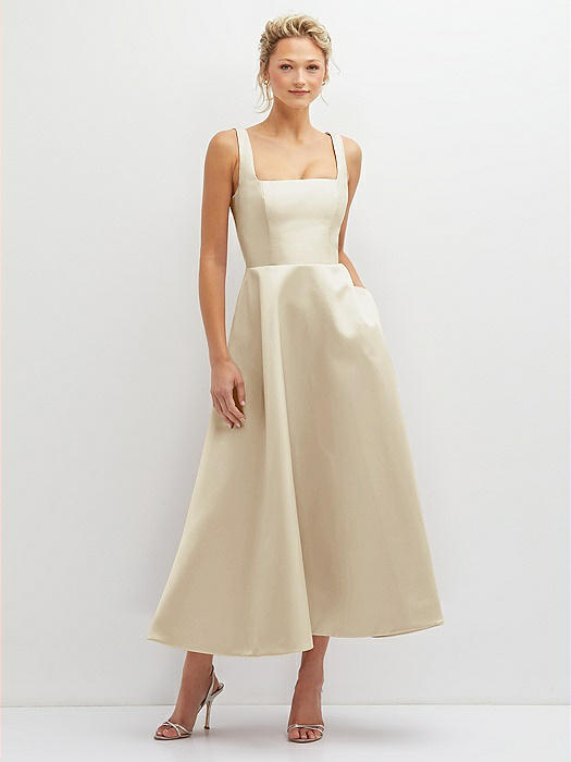 Square Neck Satin Midi Dress with Full Skirt & Pockets