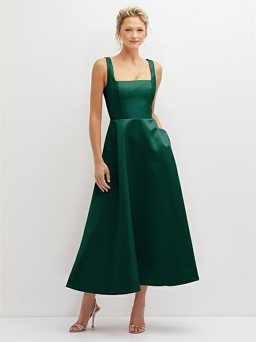 Square Neck Satin Midi Dress with Full Skirt & Pockets