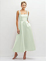 Front View Thumbnail - Mint Green Square Neck Satin Midi Dress with Full Skirt & Pockets