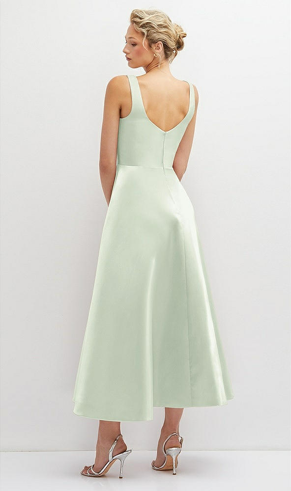 Back View - Mint Green Square Neck Satin Midi Dress with Full Skirt & Pockets